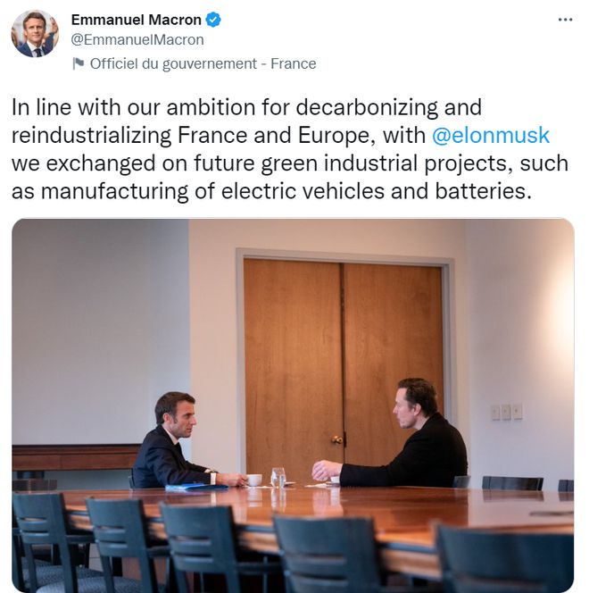 法国总统马克龙会见马斯克，讨论推特内容审核与电动汽车制造等议题
